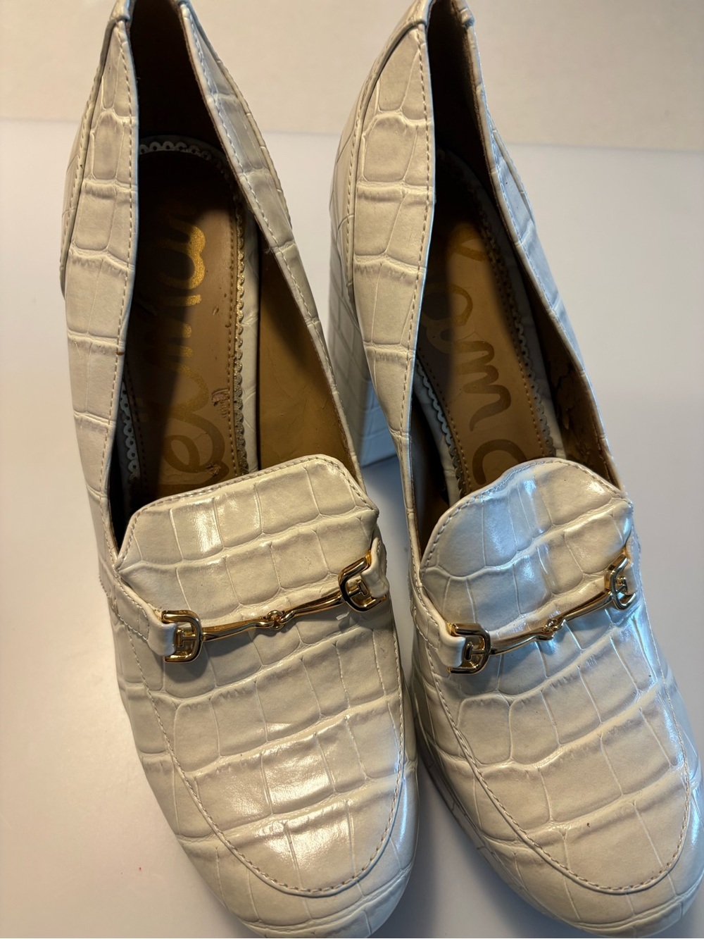 Sam Edelman White/Ivory Croc-Embossed Platform Loafers with Gold Bit Detail